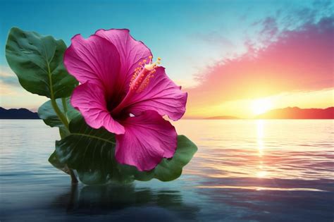 Premium Photo Pink Hibiscus Flower In The Water With Sunset Background