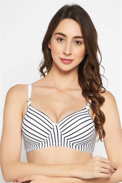 Buy Padded Non Wired Full Cup Striped T Shirt Bra In White Online India