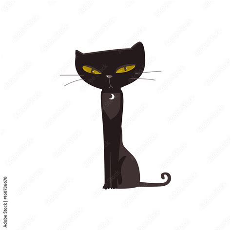 Spooky elegant black cat with big yellow eyes sitting straight, cartoon ...