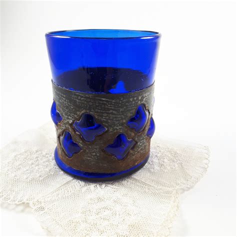 Vintage Caged Glass Cobalt Blue Candle Holder Hand Blown Tumbler Metal Band Felipe Derfli