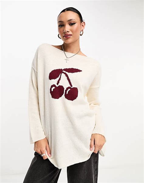 Asos Design Slouchy Cherry Jumper In Ivory Asos