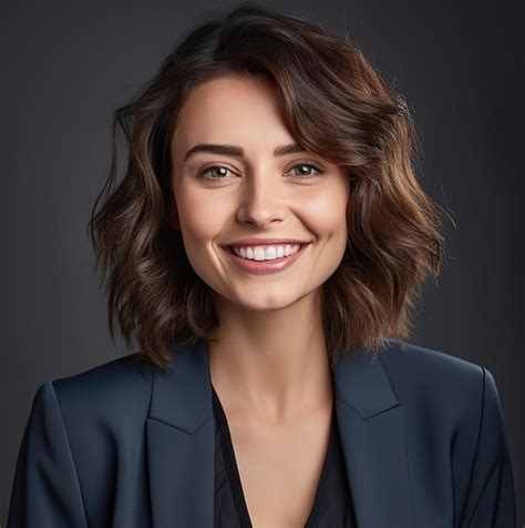 Premium Ai Image A Woman With Brown Hair And A Blue Blazer Smiles At