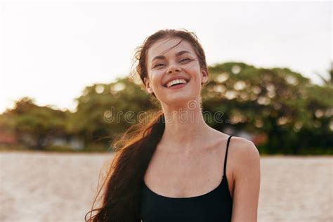 Woman Ocean Sitting Beach Smiling Sand Sunbed Sea Lying Lifestyle Resort Stock Image Image Of