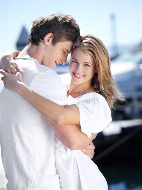 Harbor Love And Portrait Of Couple Hug With Smile On Summer Holiday