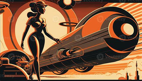 Illustration Of Woman And Transport With Future Technology In Retro