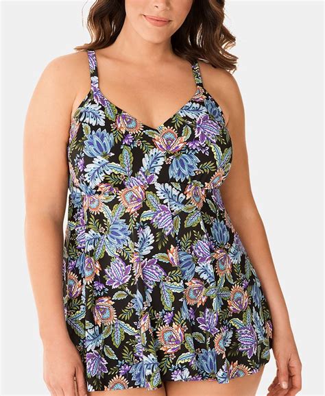 Swim Solutions Plus Size Boho Play Printed V Neck Underwire Tankini Top