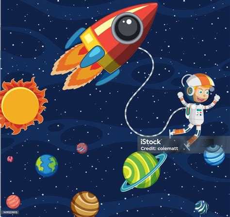 Cartoon Space Background With Astronaut Stock Illustration - Download ...