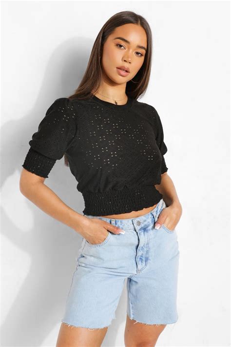 Womens Black Broderie Puff Sleeve Crop Top Boohoo Uk