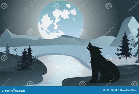 Paisagem Noturna Lobo Uivante Sobre Fundo Da Lua E Montanhas