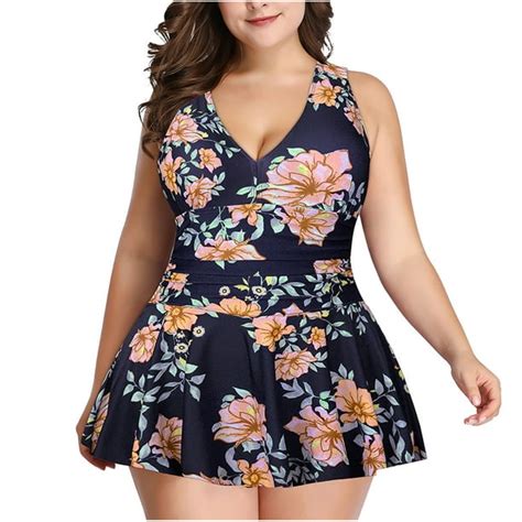 Women Plus Size Swim Dress V Neck One Piece Bathing Suits With Skirt