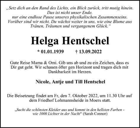 Traueranzeigen Von Helga Hentschel Trauer In NRW De