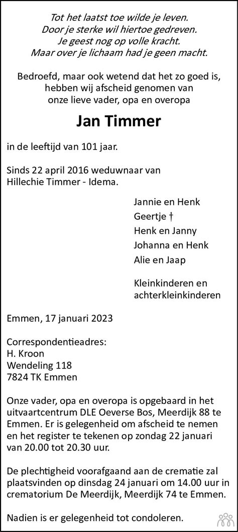 Jan Timmer Overlijdensbericht En Condoleances Mensenlinq Nl