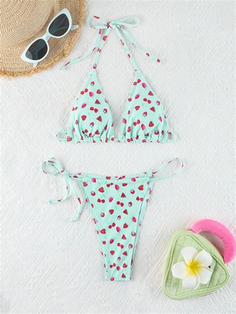 Conjunto De Bikini Triangular Con Estampado De Frutas Para Mujer 2 Piezas Bralette Con