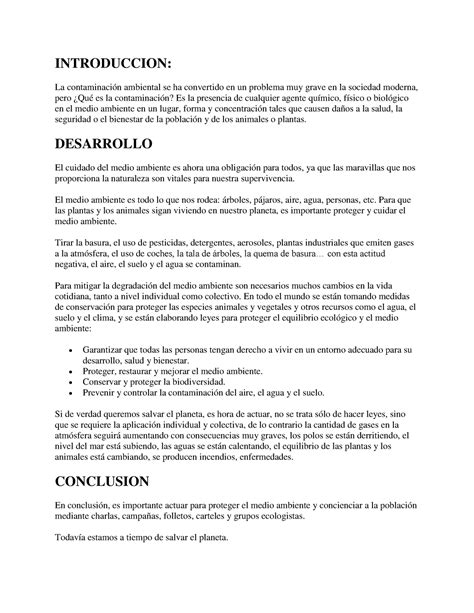 Ensayo sobre el cuidado medio ambiente INTRODUCCION La contaminación