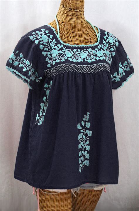 La Marina Corta Embroidered Mexican Peasant Blouse Navy Neon Blue