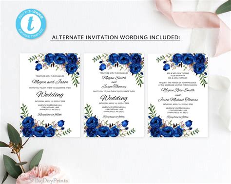 Blue Wedding Invitation Template Royal Blue Wedding Etsy