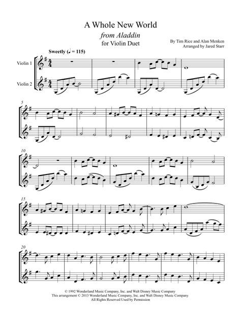 A Whole New World Arr Jared Starr By Tim Rice Sheet Music For Violin Duet At Sheet Music Direct