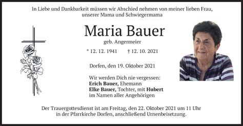 Traueranzeigen Von Maria Bauer Trauermerkurde