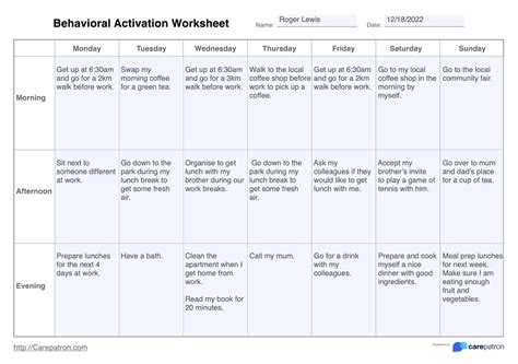 Behavioral Activation Worksheet And Example Free Pdf Download