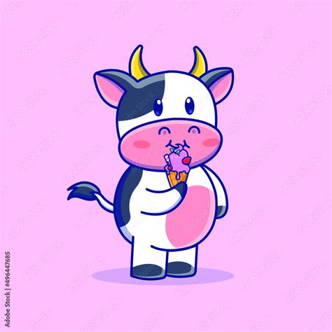 Cute Cartoon Cow With Ice Cream In Vector Illustration Isolated Animal