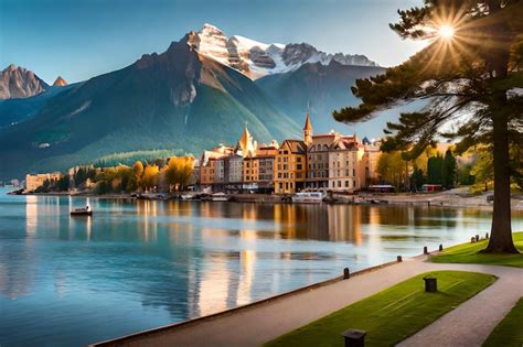 Um barco está atracado em um lago em frente a uma montanha Foto Premium