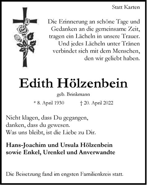 Traueranzeigen von Edith Hölzenbein Trauer in NRW de