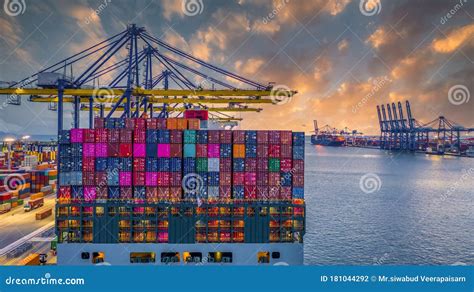 Container Cargo Ship At Industry Sea Port Import Export Commerce