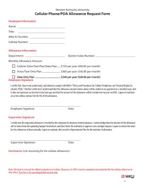 Fillable Online Wku Cellular Phone PDA Allowance Request Form Wku Fax