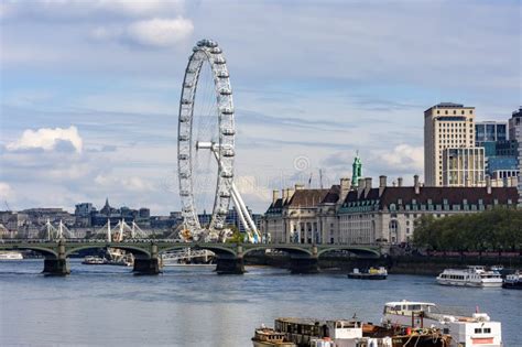 London Eye Millenium Wheel And Westminster Bridge Above Thames River