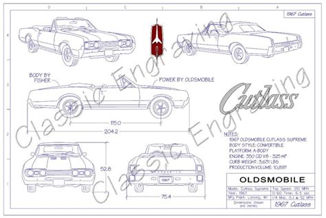 1967 Olds Cutlass Convertible Blueprint Unframed Color Poster Print Etsy