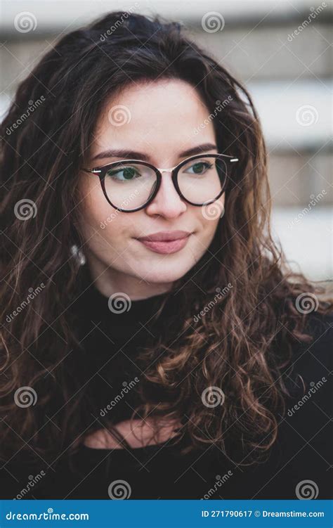 Beautiful Young Woman With Brunette Curly Hair Portrait In Eye Glasses