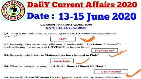 Daily Current Affairs Questions Of 12 15 June 2020 Youtube