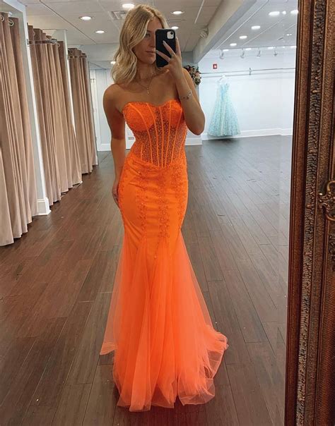 Dressself Sweetheart Orange Long Tulle Mermaid Prom Formal Dress