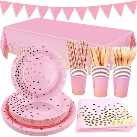 Assiette Jetable pink 30 Invités212pcs Kit Vaisselle Jetable Assiettes