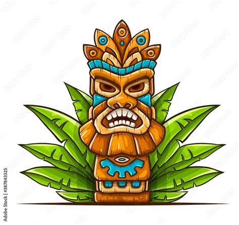 Tiki Traditional Hawaiian Tribal Mask With Human Face In Green Leaves