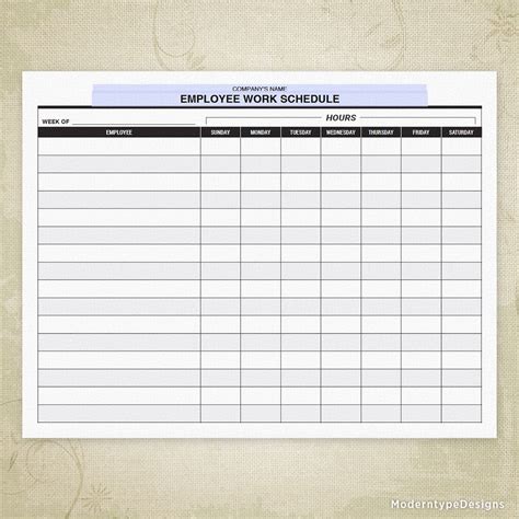 Employee Work Schedule Printable, Staff Daily Working Hours Shift Chart ...