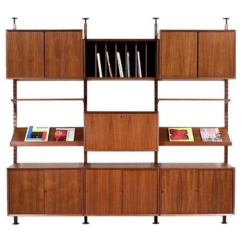 Danish Modern Walnut Tension Pole Wall Unit System