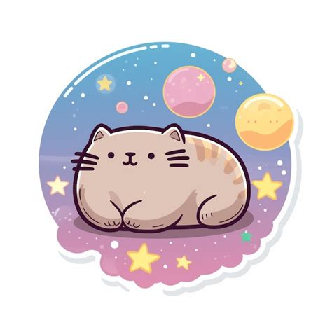 Gato De Dibujos Animados Durmiendo En Una Nube Con Planetas En El Fondo