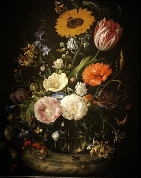 Flowers In A Glass Bottle On A Marble Plinth Painting Jan Davidsz De