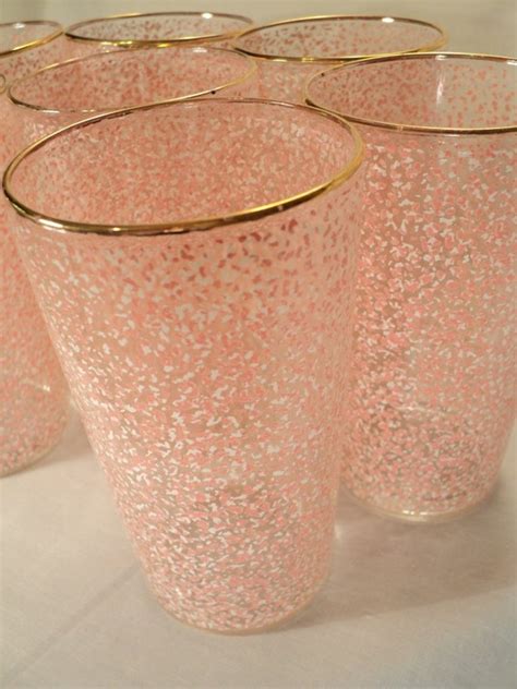 Mid Century Glassware Set Of 7 Vintage Pink Speckled Confetti