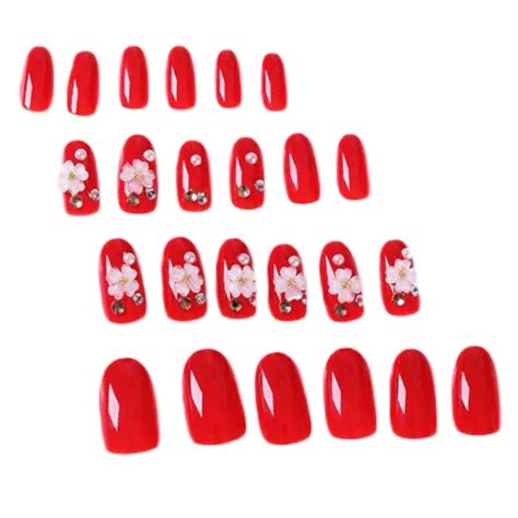 Dropship Red Flower Beads False Nail Tips Wedding Fake Nails Long Nails