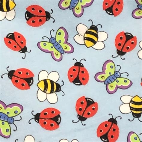 Butterfly Ladybug Flannel Bumble Bee Insect Fabric Blue Red Etsy