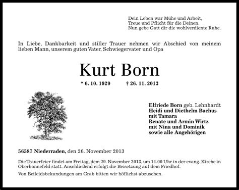 Traueranzeigen Von Kurt Born Rz Trauer De