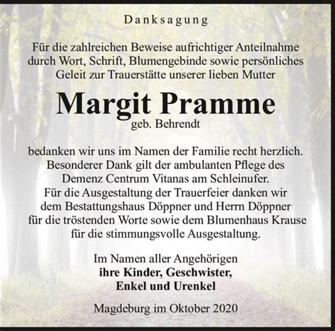 Traueranzeigen Von Margit Pramme Geb Behrendt Abschied Nehmen De