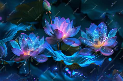 Premium Photo Magic Glowing Water Lily Close Up Of Beautiful Lotus Flowers And Green Leaves On