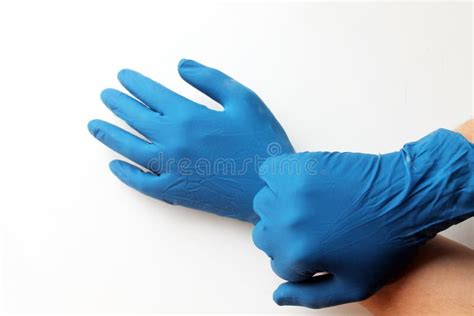 Doctors Hands In Blue Rubber Gloves Preparation For Surgery Stock