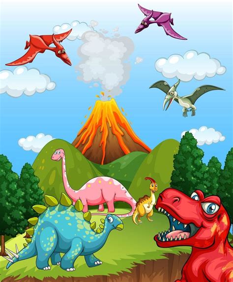 Escena de paisaje prehistórico con varios dinosaurios 2997343 Vector