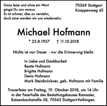 Traueranzeigen Von Michael Hofmann Stuttgart Gedenkt De