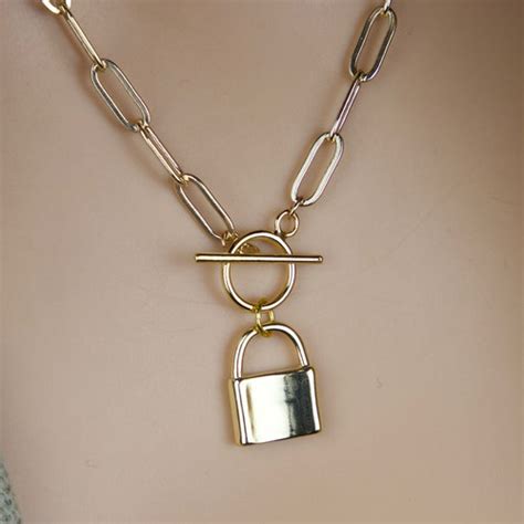 Lock Necklace Gold Padlock Jewelry Toggle Clasp Necklace Etsy