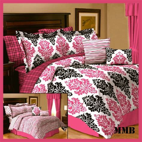 10pc Queen Full Twin Girl Dorm Pink Black And White Damask Comforter